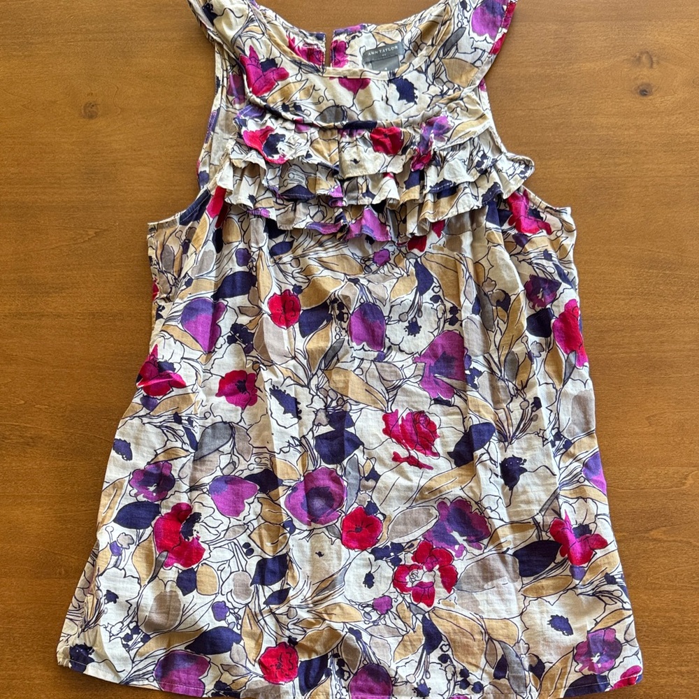 Ann Taylor Floral Ruffle Blouse in Purple and Red